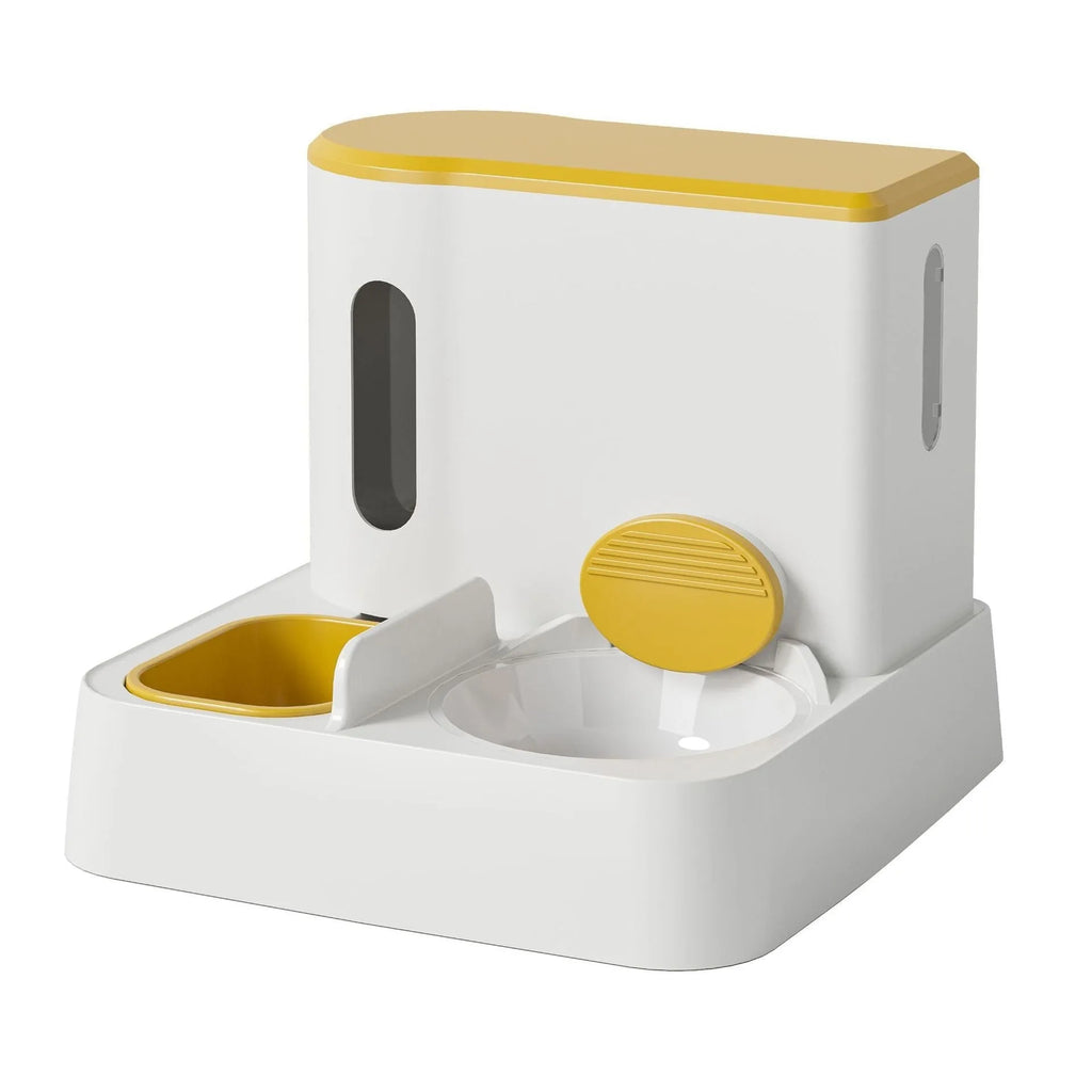 Gray automatic cat feeder and water dispenser integrated double-bowl station on a floor.
