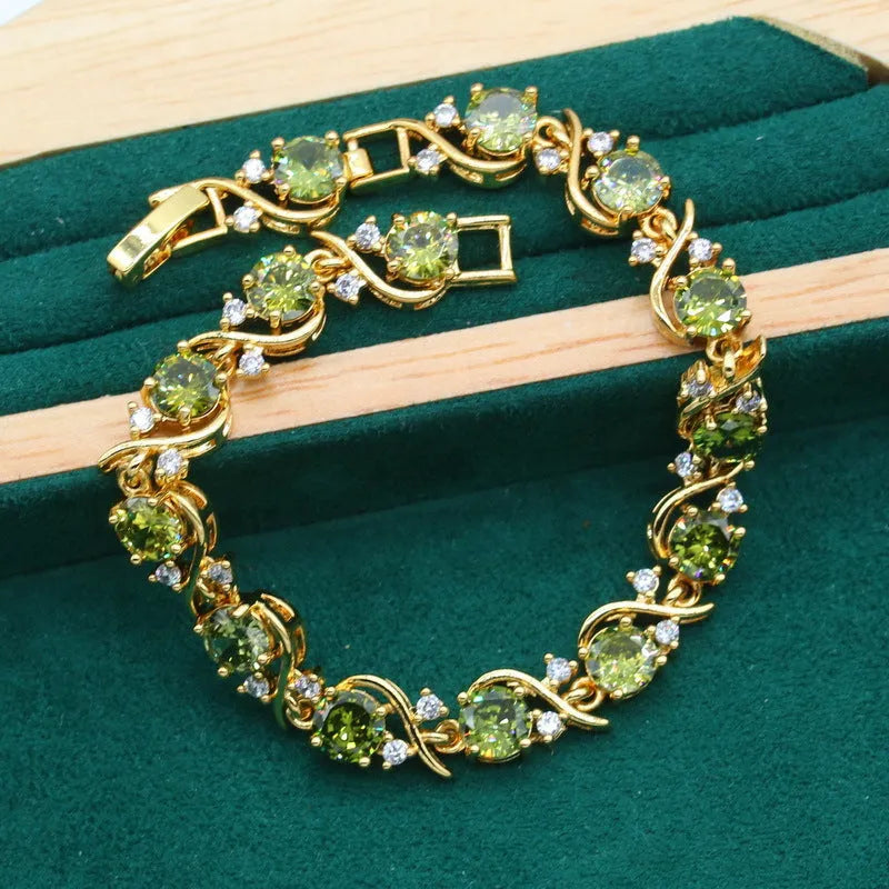 Women's rhinestone zircon jewellery suit with copper inlay, snake bones chain necklace, earrings, and ring in olive green or red colour
