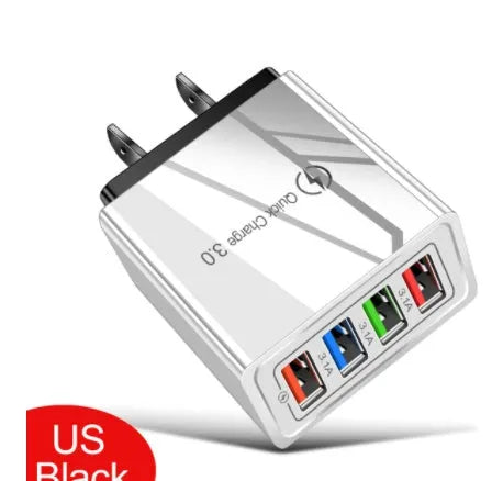 Four-port USB wall charger plug in multiple colours with European or British plug options
