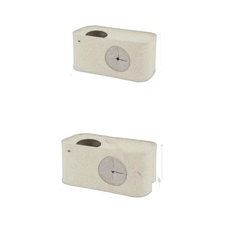 Foldable khaki felt cat bed shown in both unfolded and compact folded positions.