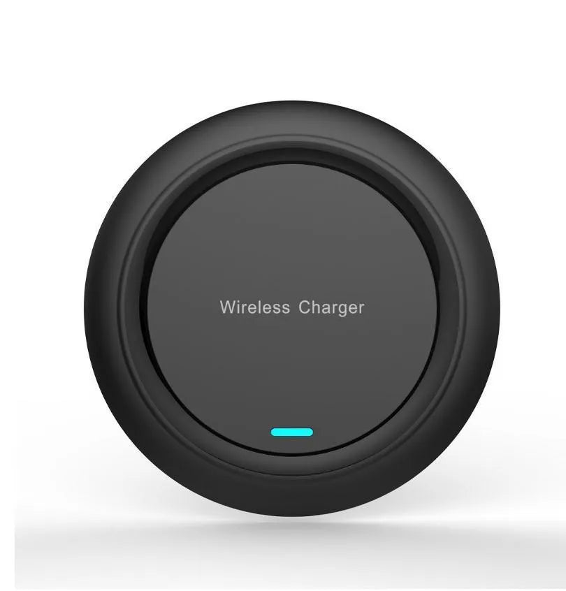 Round white desktop wireless charger with USB cable showing 10W fast charging for mobile phones