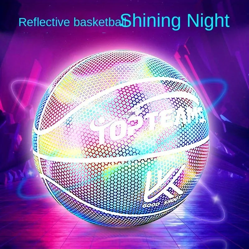 Holographic luminous reflective no. 7 basketball in chroma colour with wear-resistant PU surface