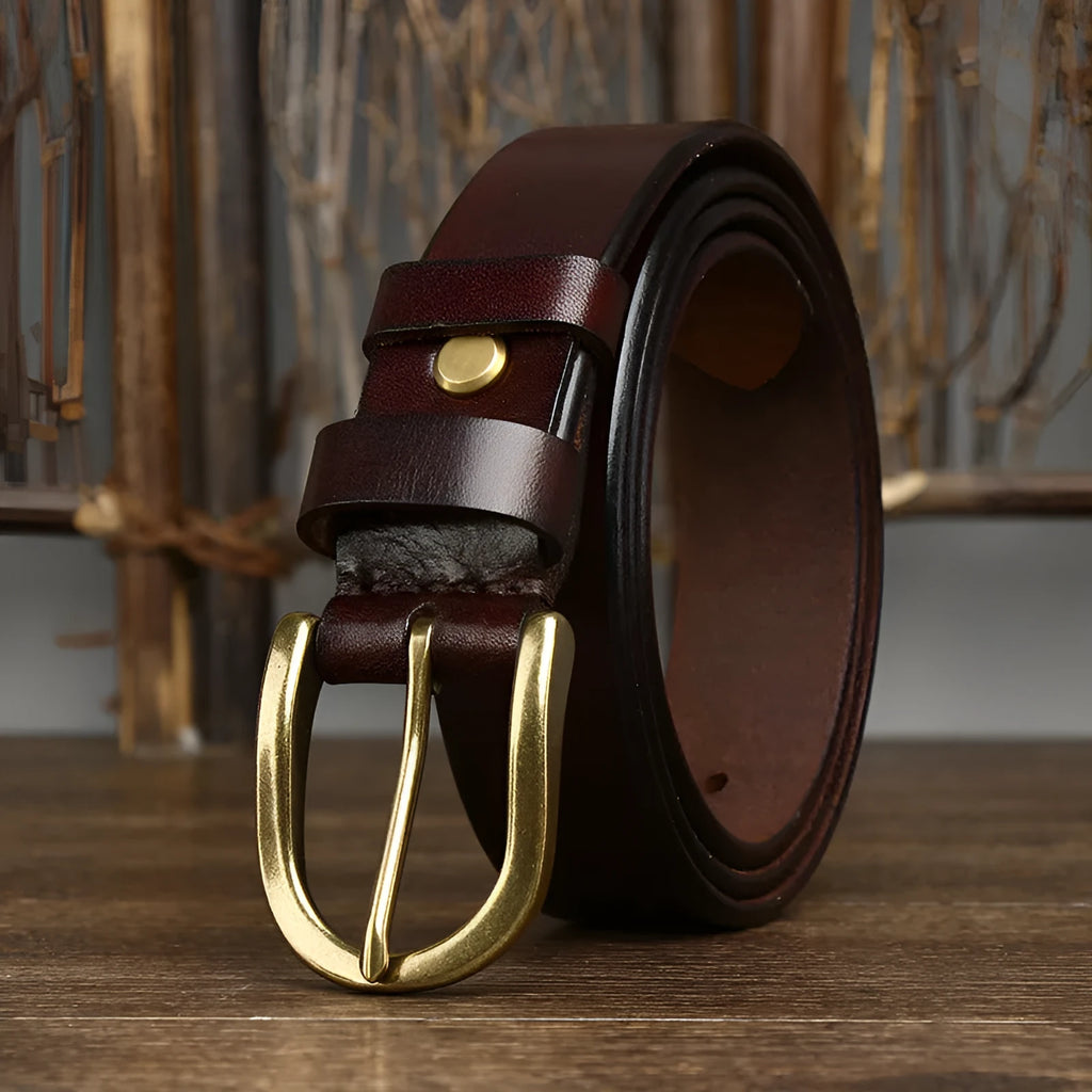 Men's genuine leather belt with 3.3cm wide copper buckle, handmade vegetable tanned, available in black brown khaki and red brown