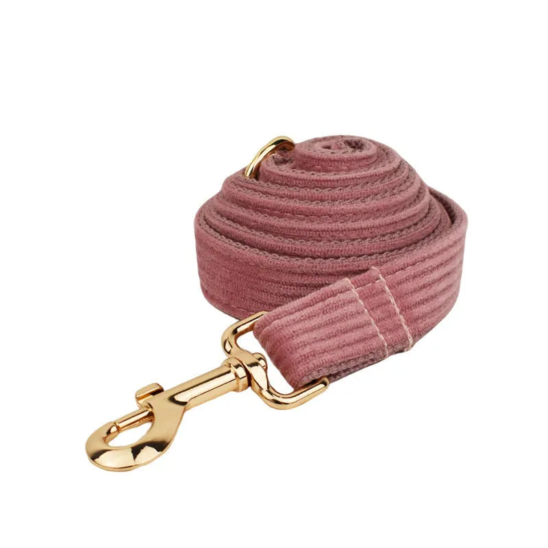 Corduroy cloth dog collar and lead set with red bow, vest and poop bag options