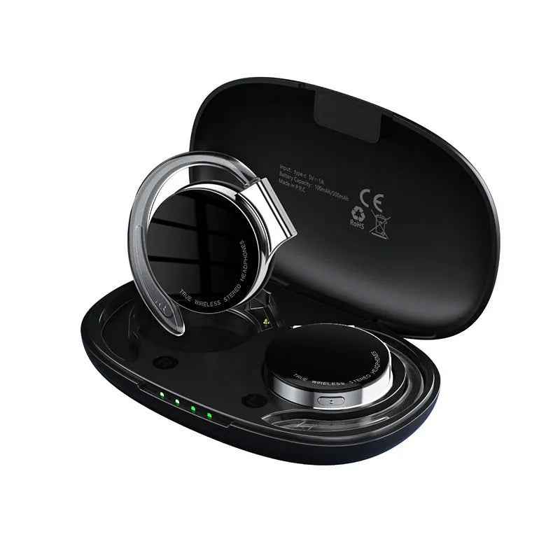 Black and white wireless Bluetooth sports earphones with bilateral stereo design