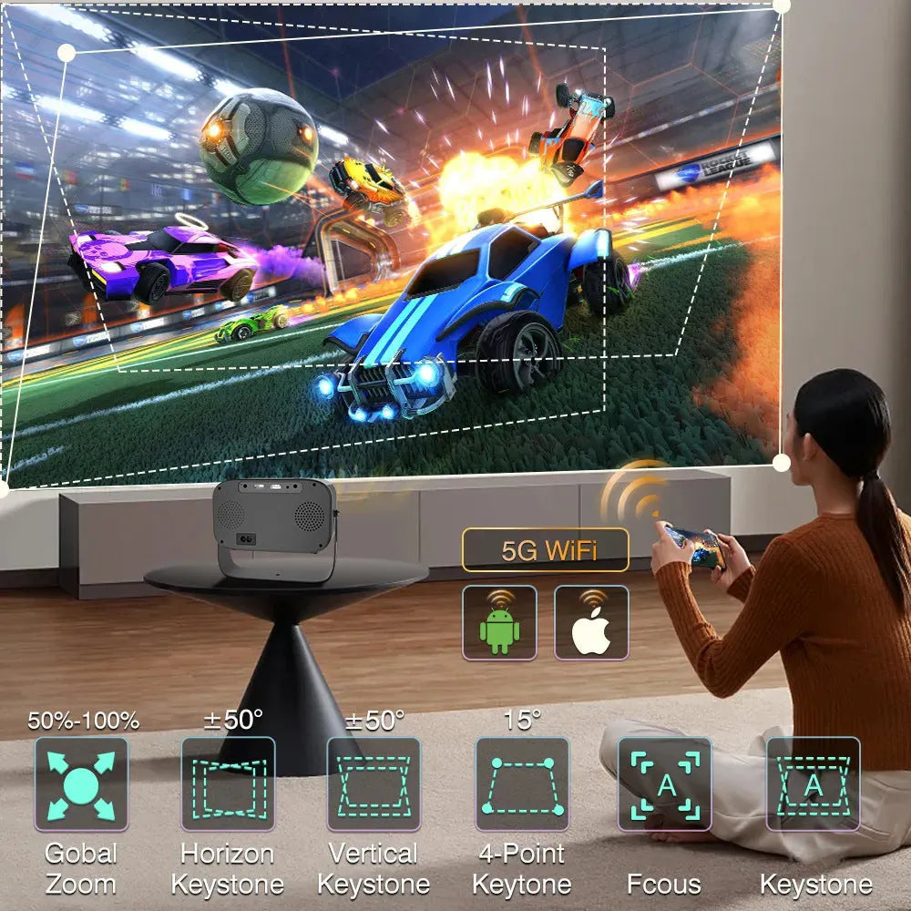 Black portable HD projector with remote control and international plug adapters