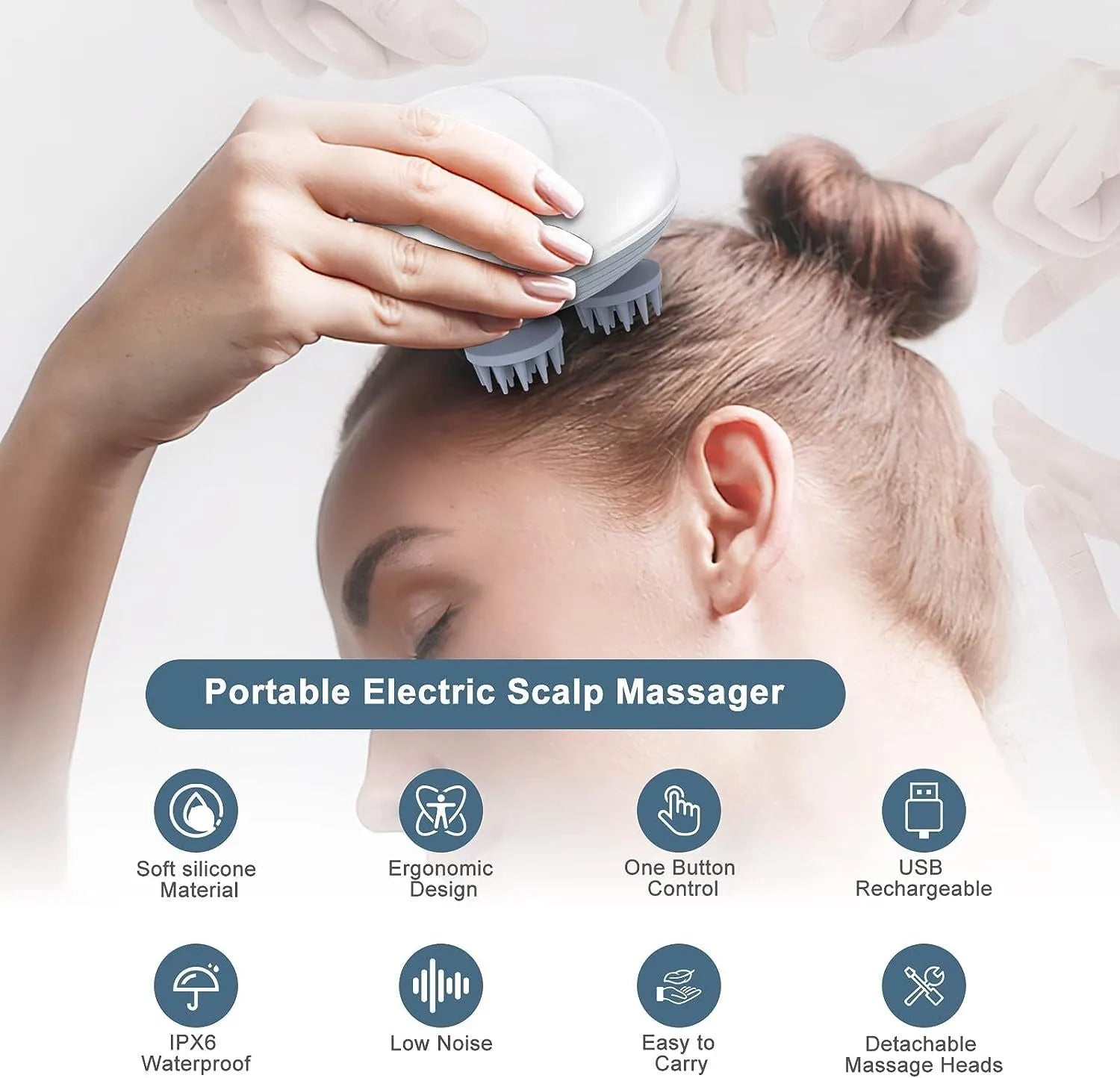 Blue handheld electric pet massager with four rotating soft heads on a white background