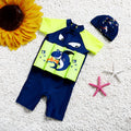 A child's one-piece buoyancy swimsuit with cartoon print, showing sun protection and flotation design.