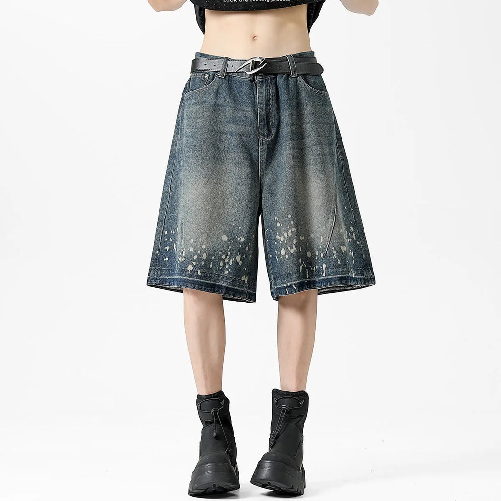 Men's retro blue denim shorts with washed finish and ripped knee detailing, straight leg cut