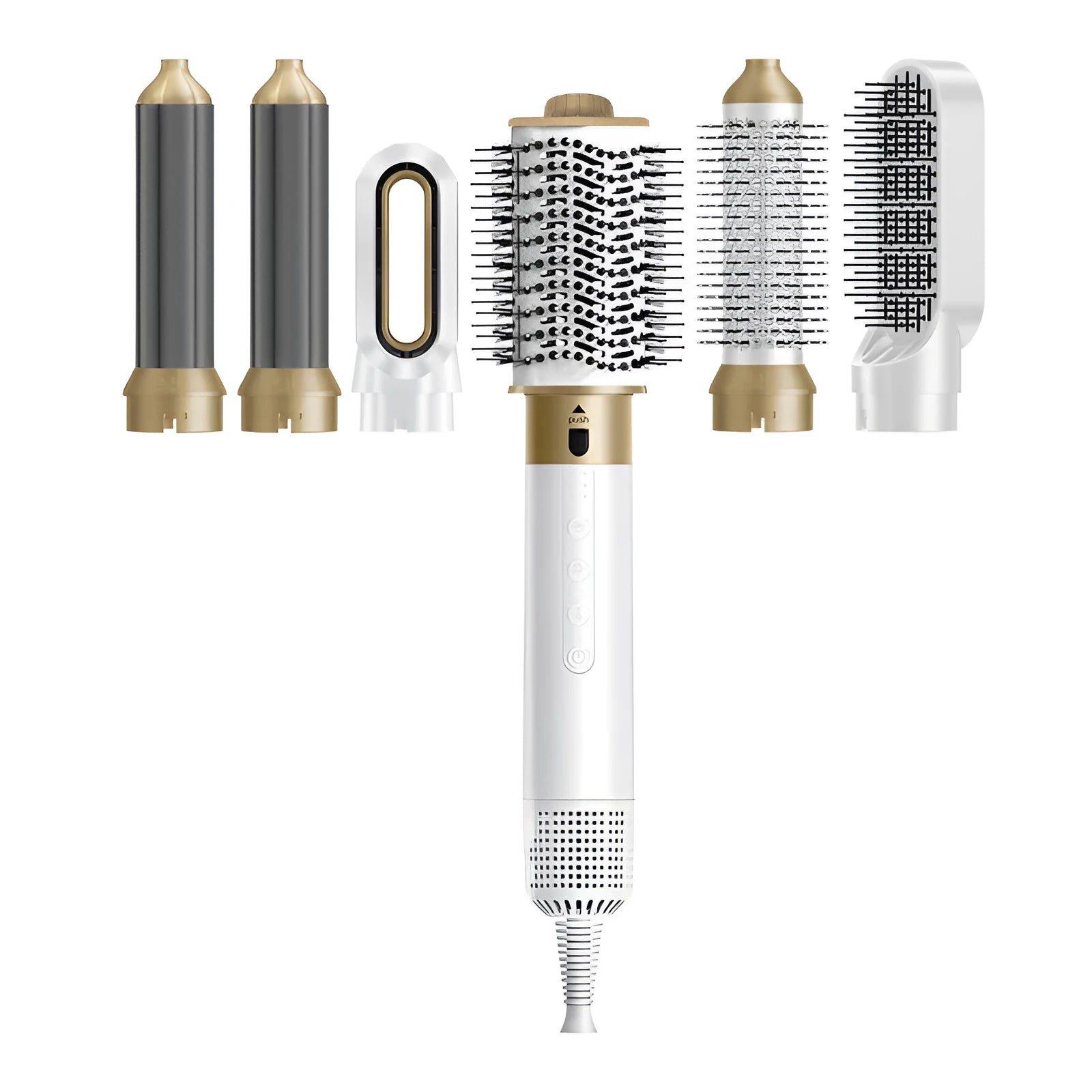 6-in-1 electric hot air styling comb with curling and straightening attachments in leather case