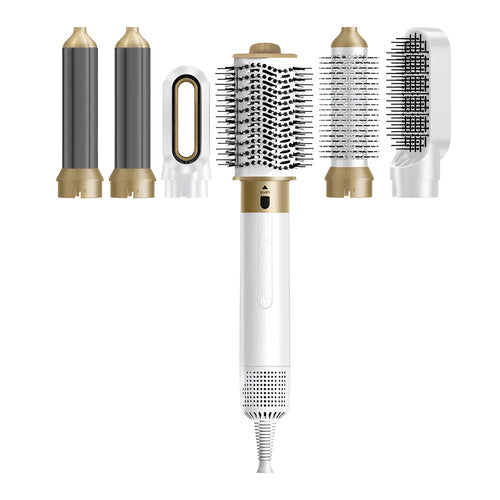 Dark blue 6-in-1 hot air styling comb and attachments in a leather case for curling and straightening hair.