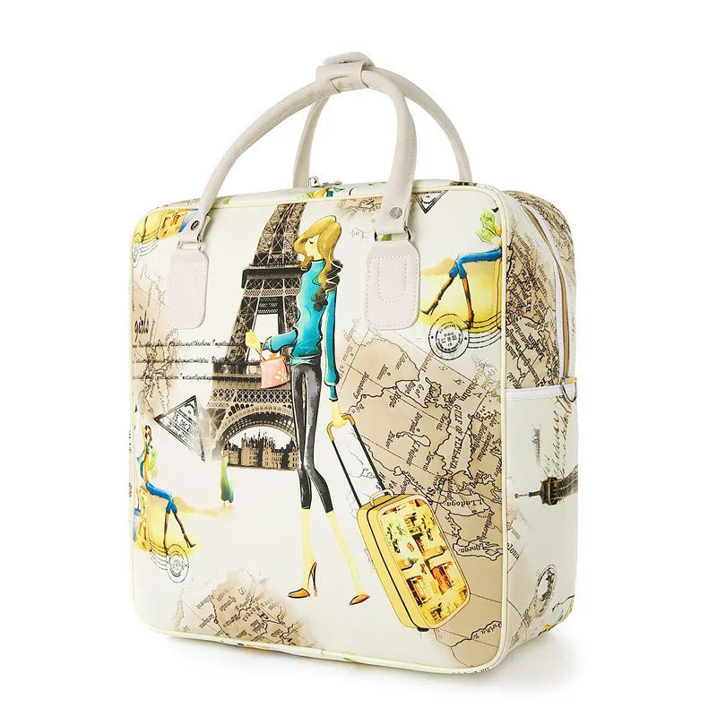 Waterproof PU leather travel handbag, medium 20-35L, square vertical model, soft handle, Les Girls or Tower Beauty colour