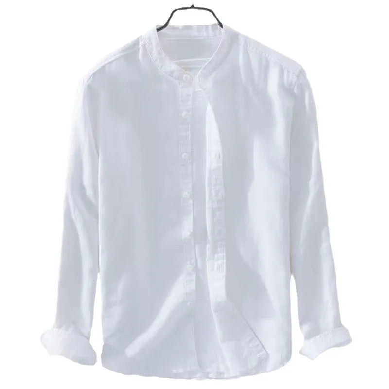 A loose-fit long sleeve casual shirt in a cotton linen blend, shown in a solid colour.