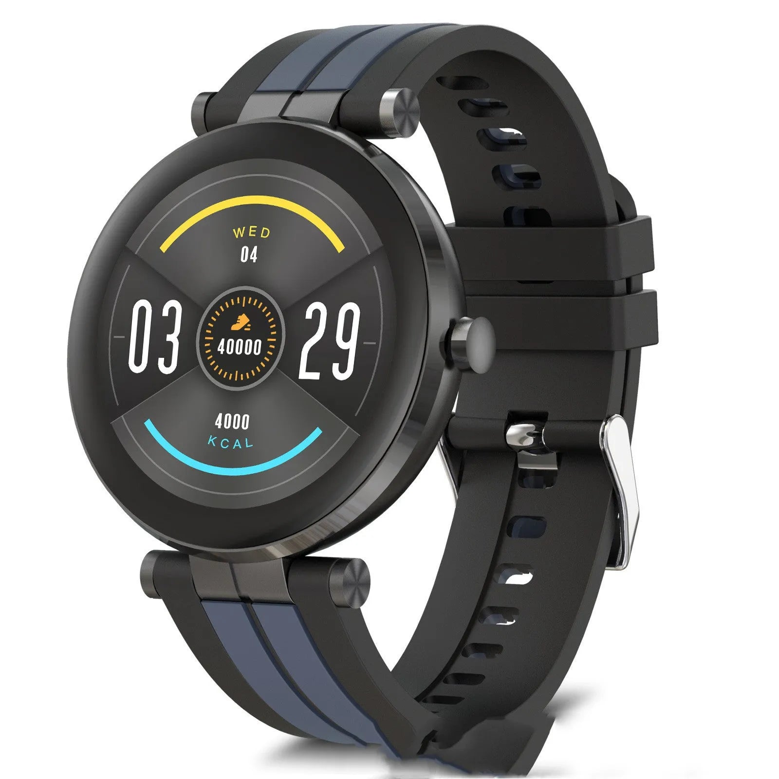Black smart watch with heart rate monitor on a silicone strap, showing a 1.3-inch display.