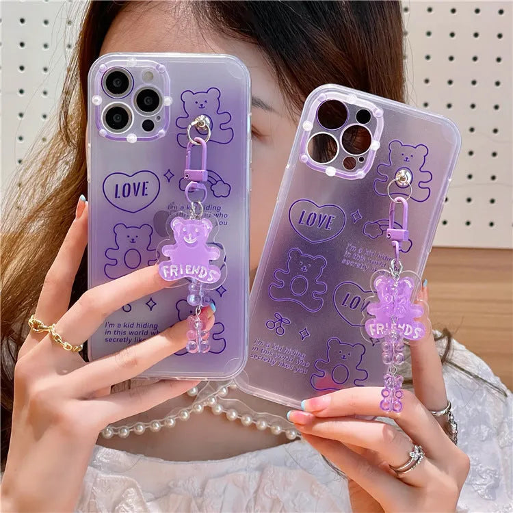 Purple clear gummy bear pendant lanyard TPU phone case for iPhone 12 Pro and iPhone 13