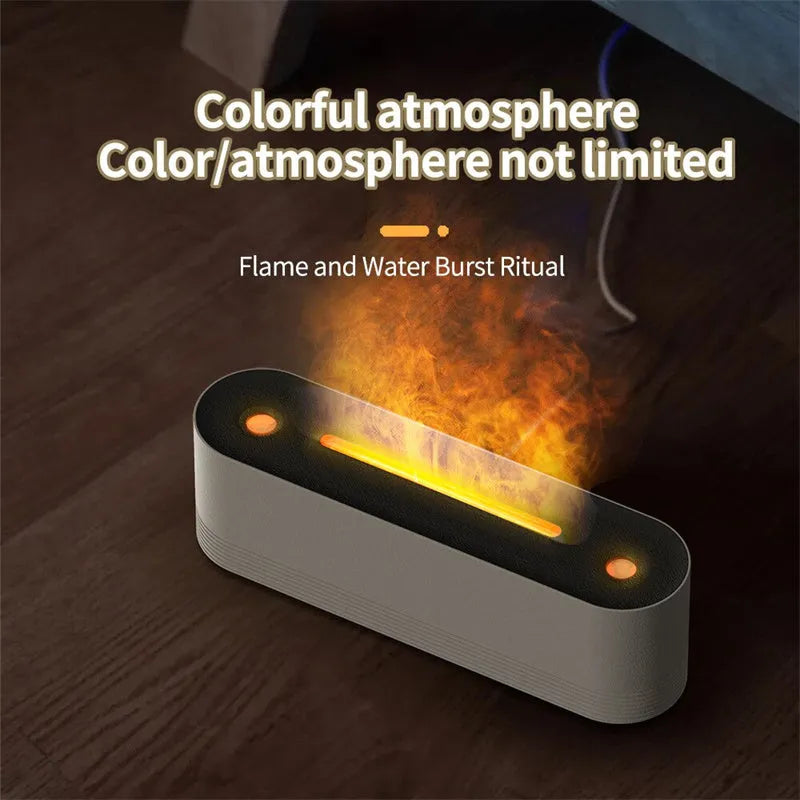 Black Flame Air ultrasonic humidifier diffuser with LED flame lights and mist output on a wooden table.