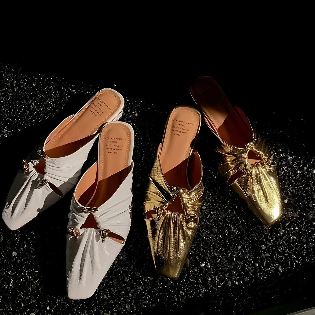 Genuine leather women's slippers with square toe cap and oversleeve design in gold colour