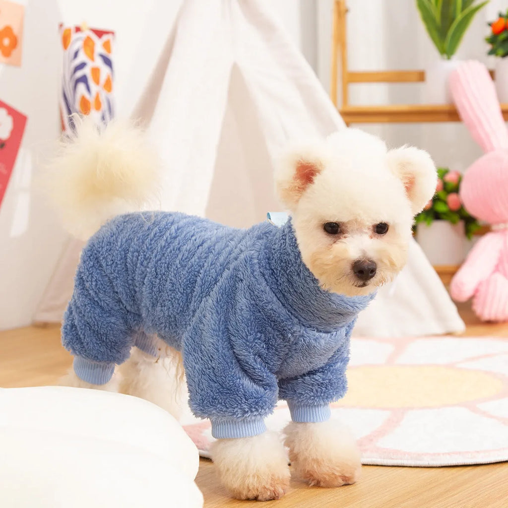 Khaki four-legged dog coat with high collar and plush fleece, shown with a towing ring on the back.