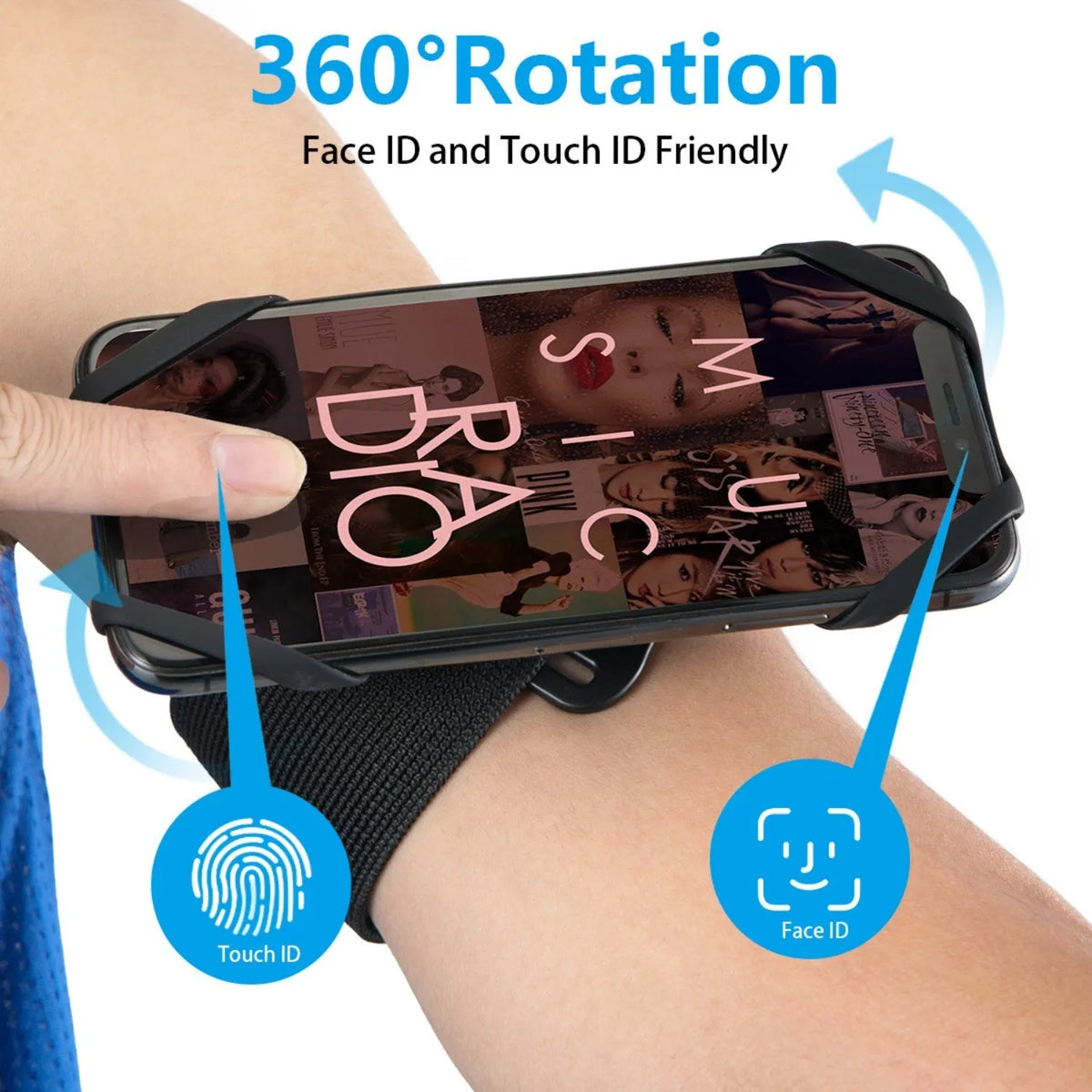 Black detachable swivel sports phone case with armband, wristband, and bicycle stand base on white background