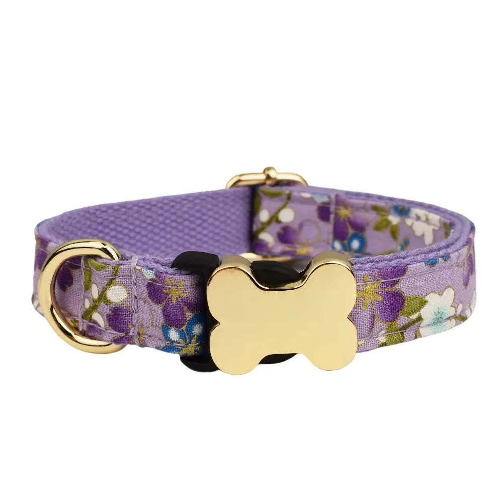 Flat nylon dog collar with grid print pattern and bone-shaped buckle