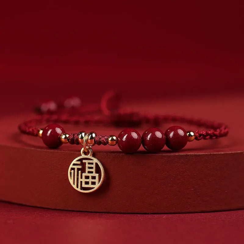 Cinnabar braided rope bracelet with round bead blessing card in wine red colour