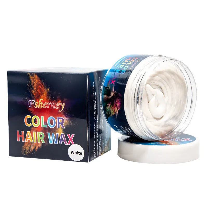 Pot of 120g hair styling clay shown in one of nine available colours, including blue, green, red, and granny grey.