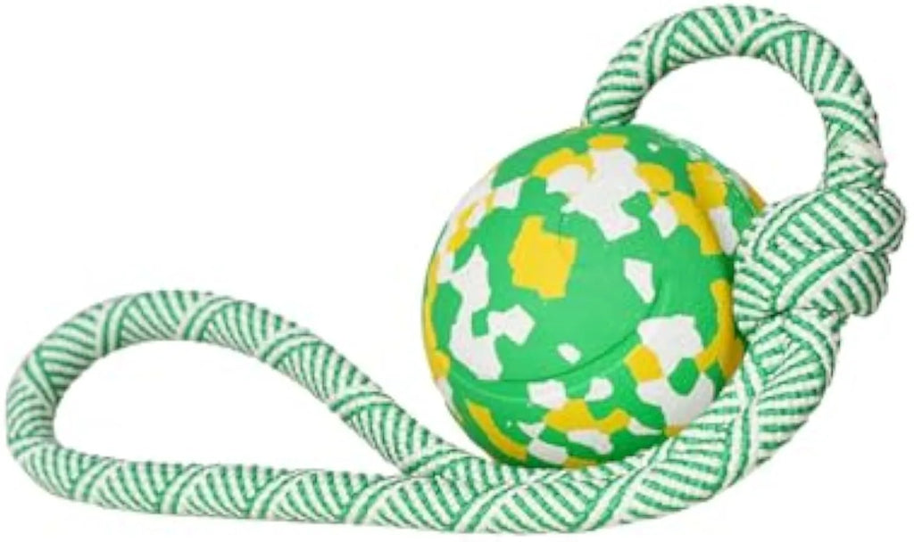 Natural rubber dog ball attached to a nylon rope for fetch and tug-of-war games.
