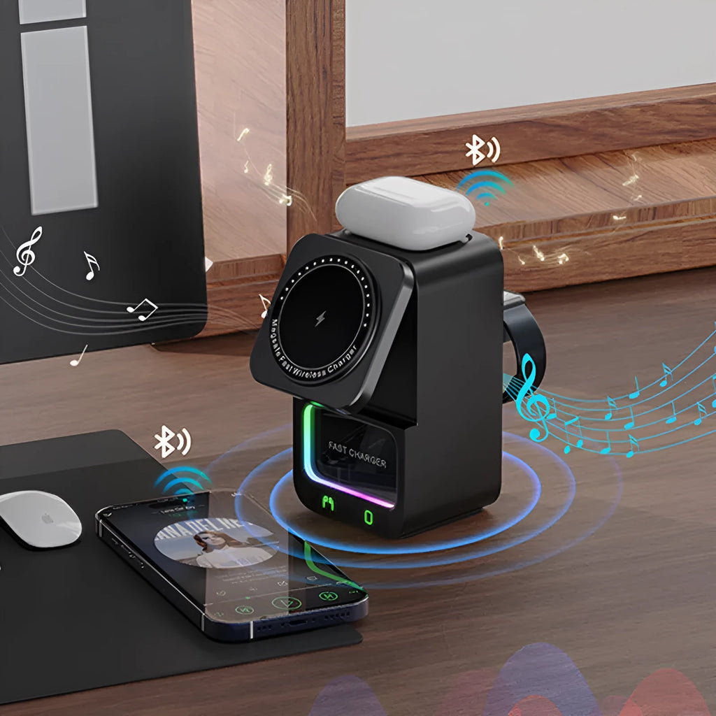 White and black Bluetooth speaker with integrated wireless charging surface showing 23W fast charging capability