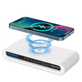 White desktop wireless charger with integrated RGB atmosphere lamp showing 15W fast charging capability