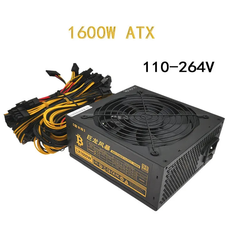 Black server power supply unit with cooling fan and multiple cable connectors