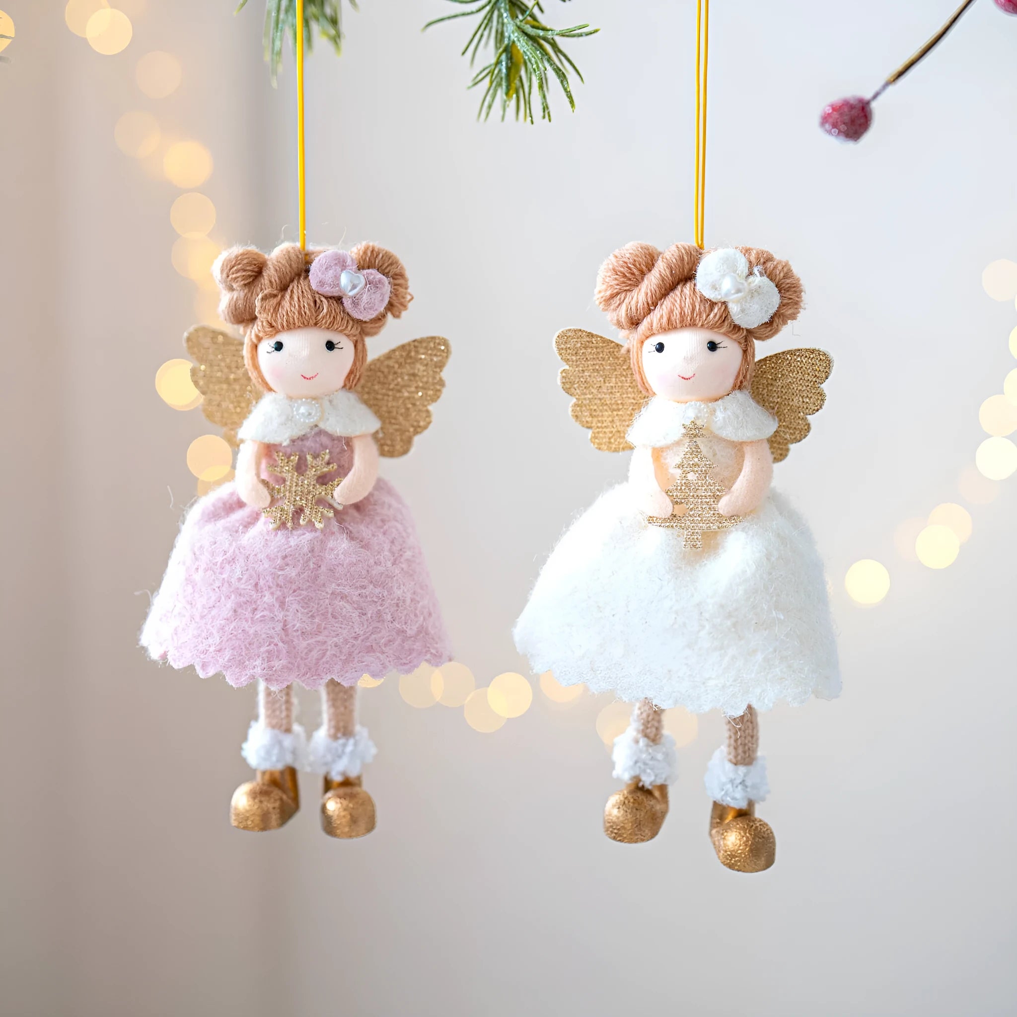 Pink and white cloth Christmas angel wings plush pendant with modern simplicity design