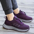 Breathable mesh Mom shoes with elastic band closure in black, purple, purplish red, and dark grey.