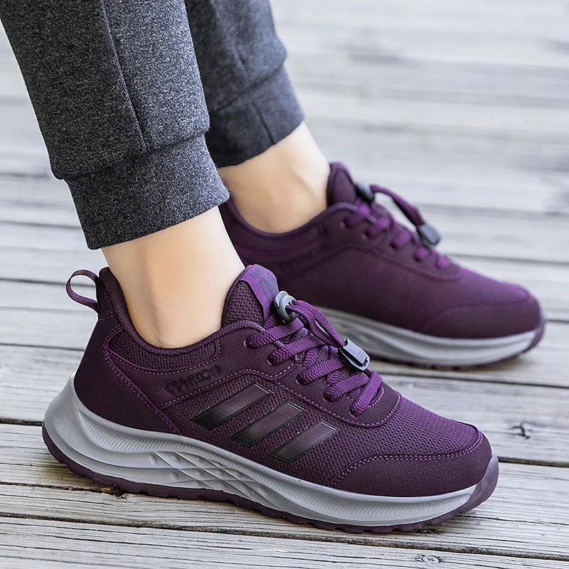 Breathable mesh Mom shoes with elastic band closure in black, purple, purplish red, and dark grey.