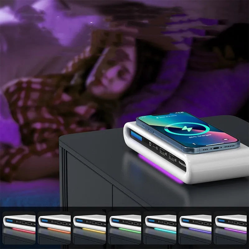 White desktop wireless charger with integrated RGB atmosphere lamp showing 15W fast charging capability