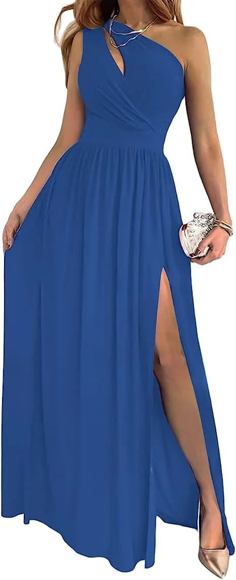 Women's one shoulder maxi dress with high split and cutout sleeveless design in soft fabric