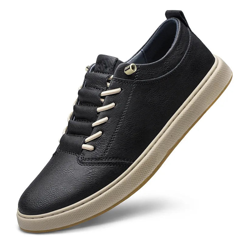 Men's big size cowhide leather board shoes in beige with round toe and low-cut lace-up design