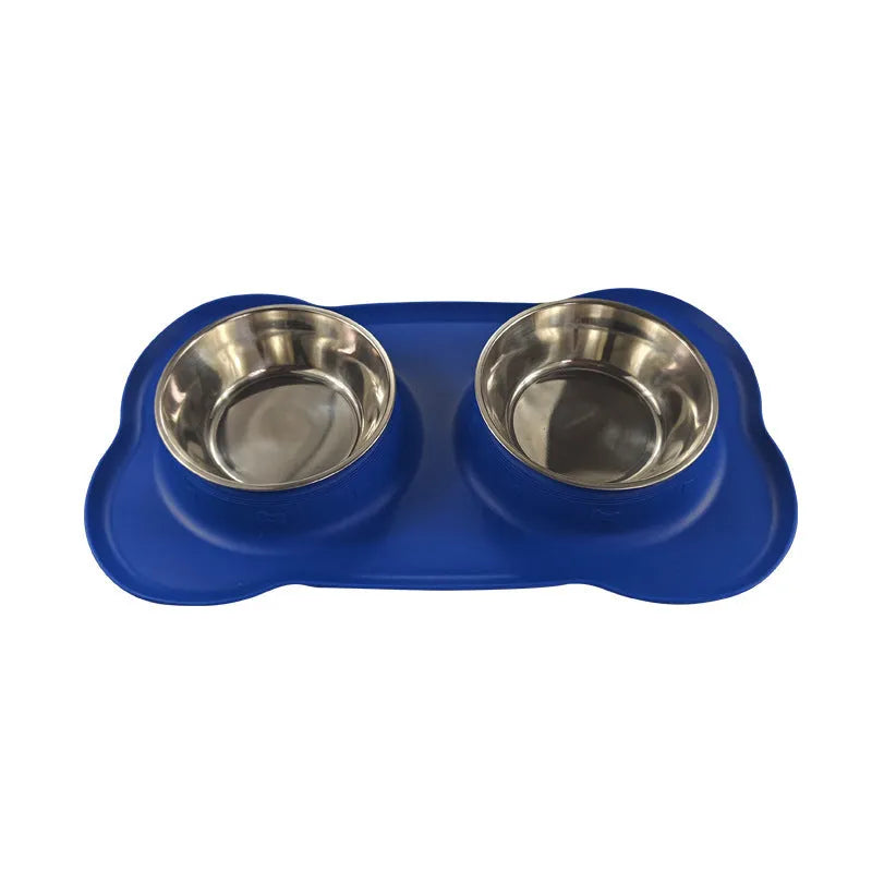 Large silicone double dog bowl with stainless steel inserts in blue colour