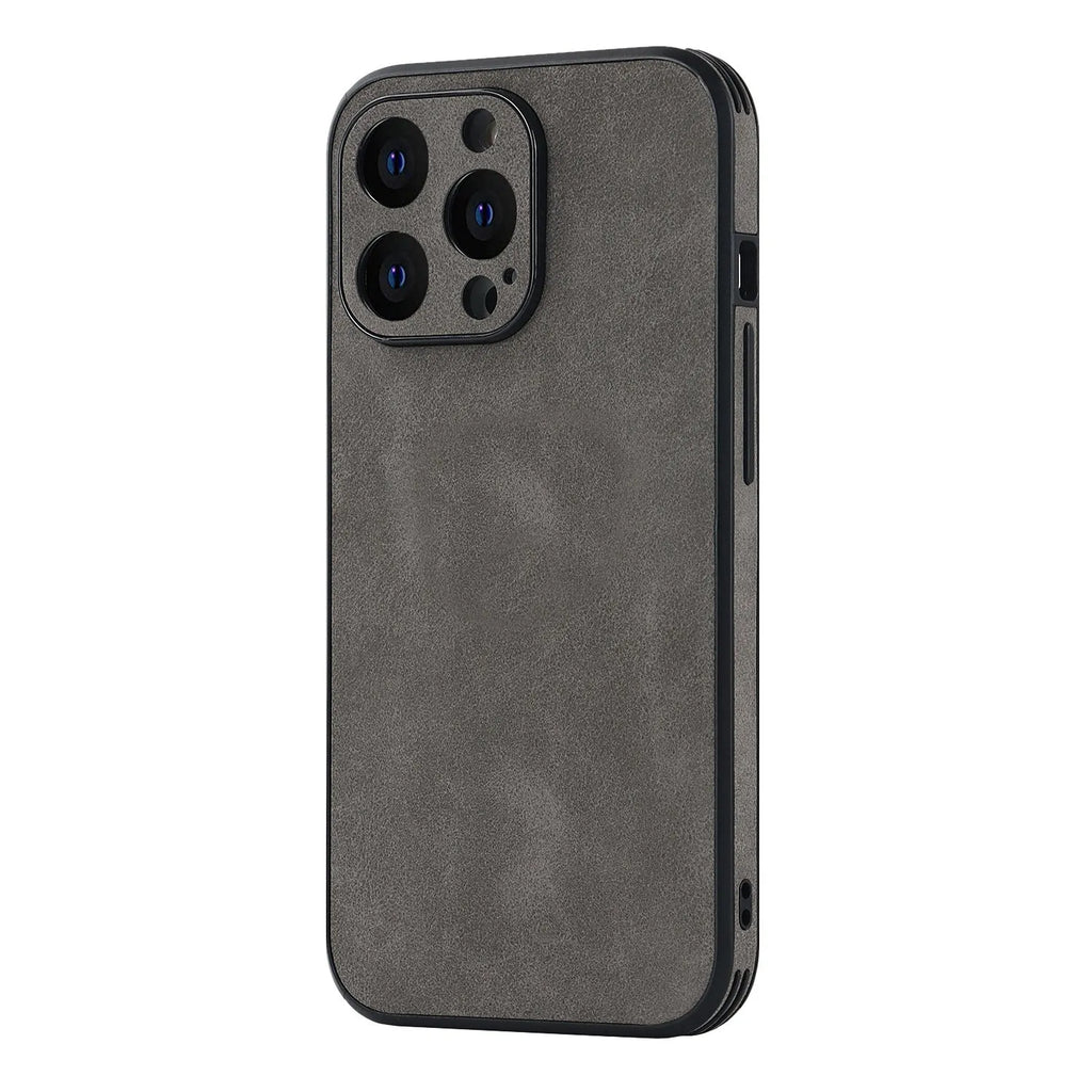 TPU skin phone case with imitation leather back for iPhone 14 in grey, showing rear camera cutout