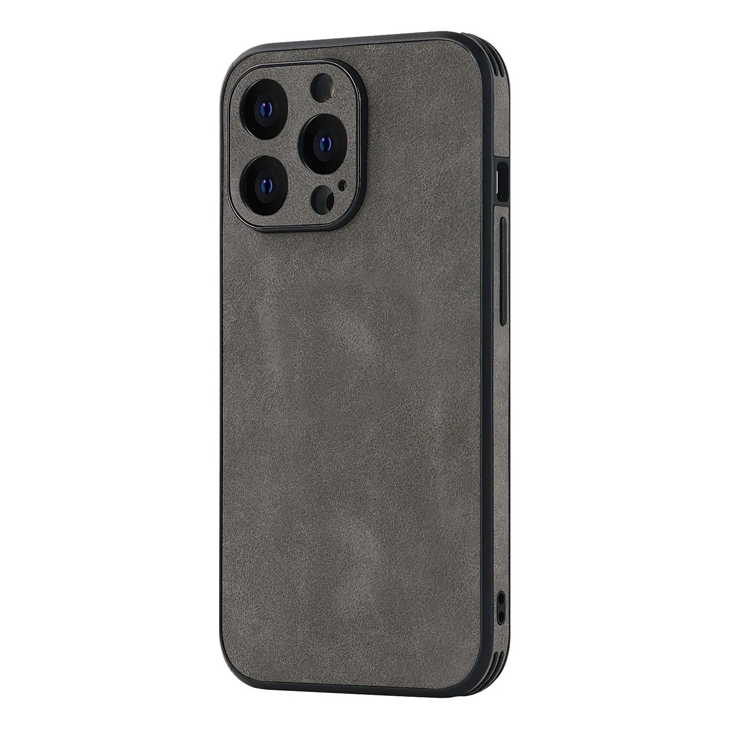 TPU skin phone case with imitation leather back for iPhone 14 in grey, showing rear camera cutout