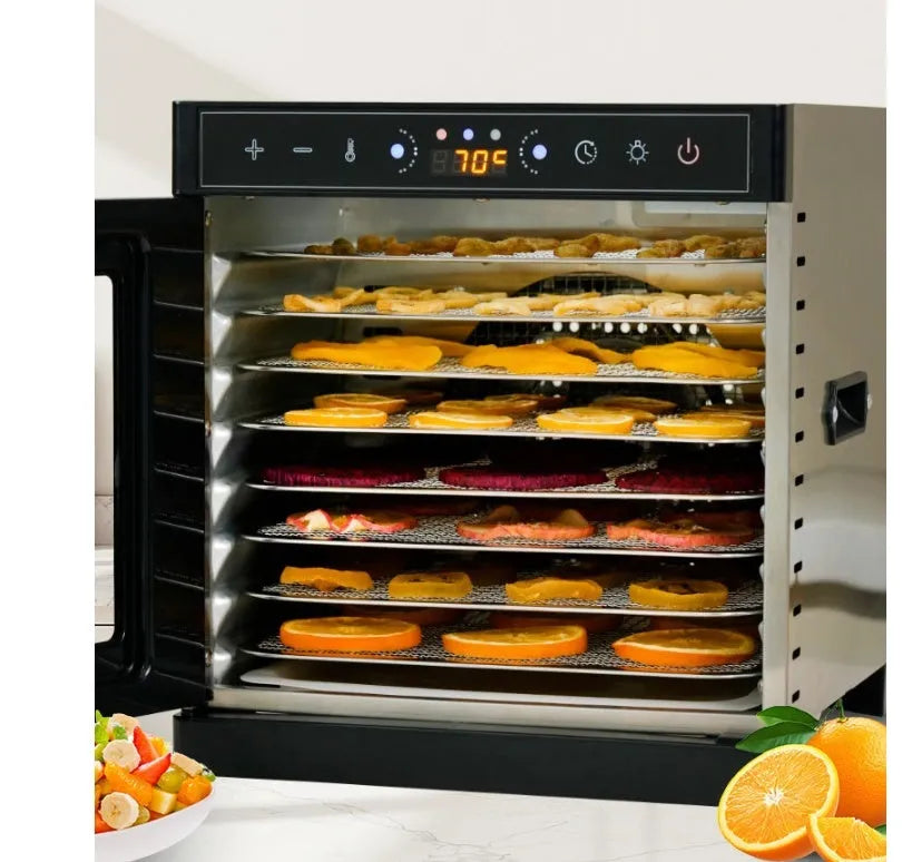 Stainless steel fruit dehydrator with multiple trays, LED control panel, and visual skylight window.