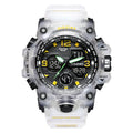 Men's black sports watch with analogue pointers and digital display showing 50m waterproof rating