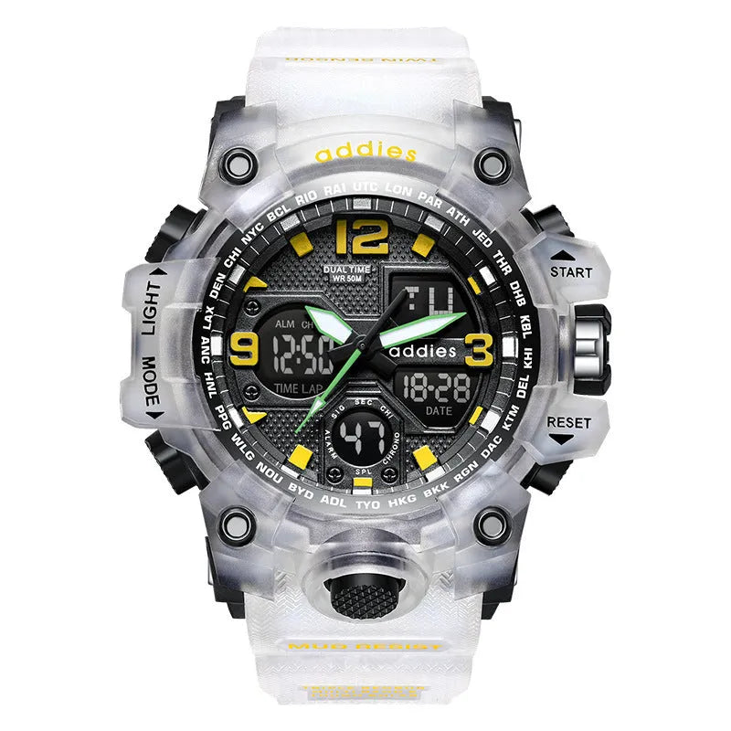 Men's black sports watch with analogue pointers and digital display showing 50m waterproof rating