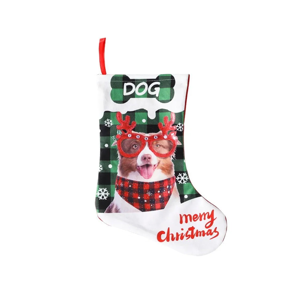 Christmas table decoration with puppy and cat prints on American plaid fabric, 26x36cm