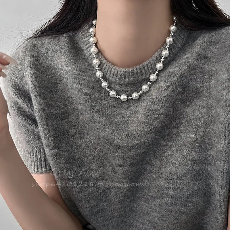 Women's 10mm pearl necklace with Mother Pearl shellfish geometric pendant on 45cm chain