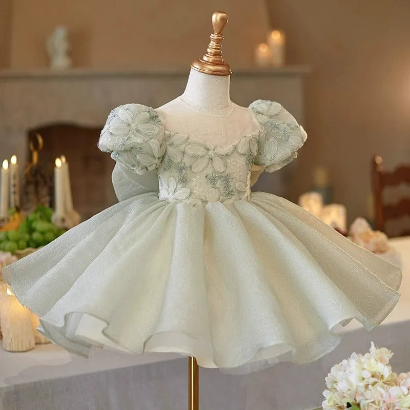 French children's birthday dress in fruit green for girls, princess style, polyester blend, suitable height 80-150cm with bow option