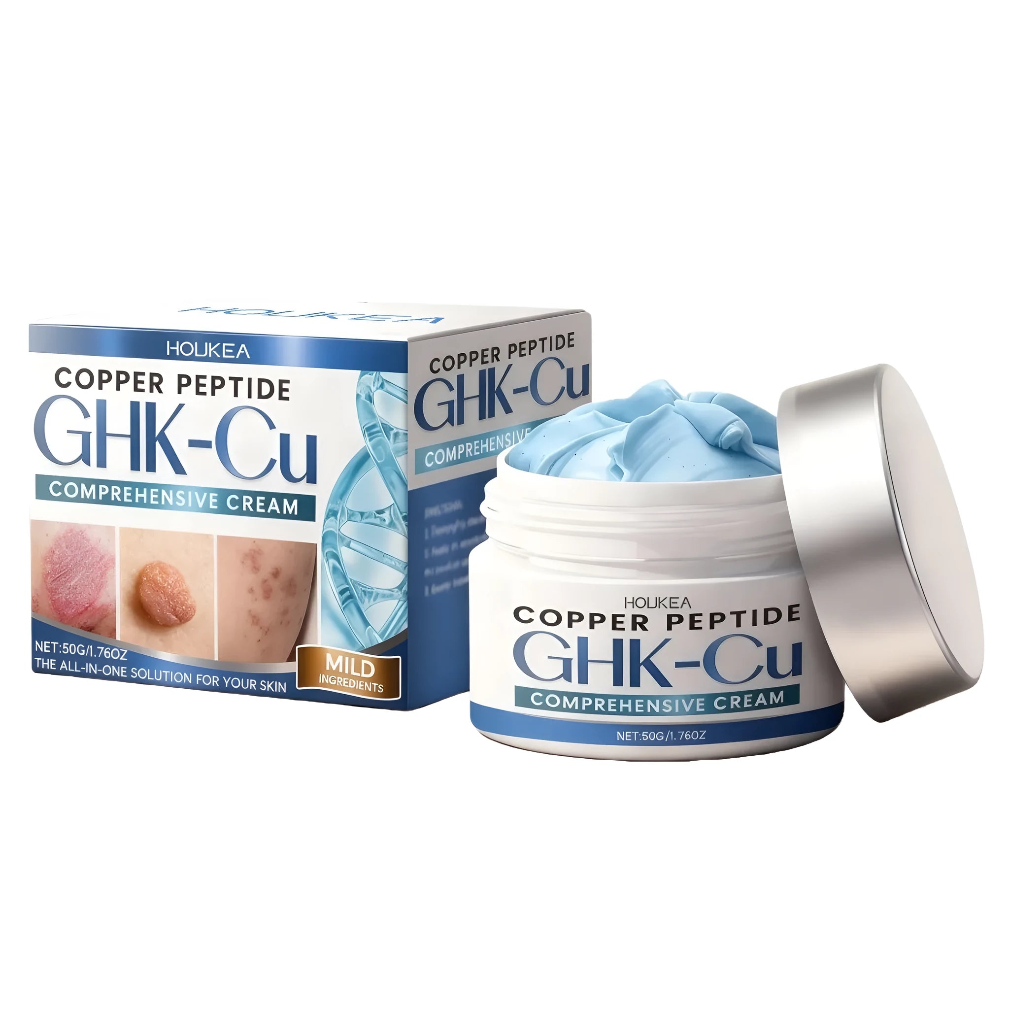 Pot of 50g skin care cream with hydrolyzed collagen and tripeptide-1 copper active ingredients