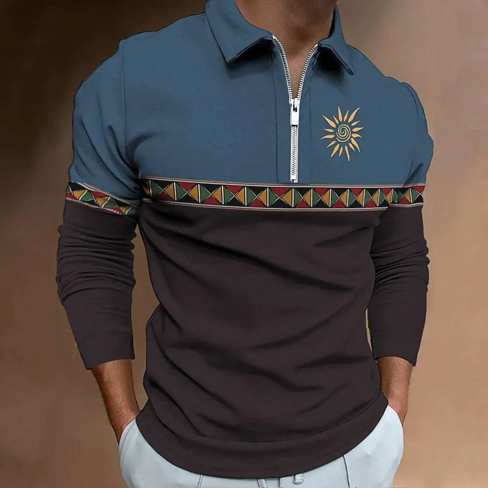 Men's retro colour print golf t-shirt with long sleeves and zip decorations on striped bird eye cloth