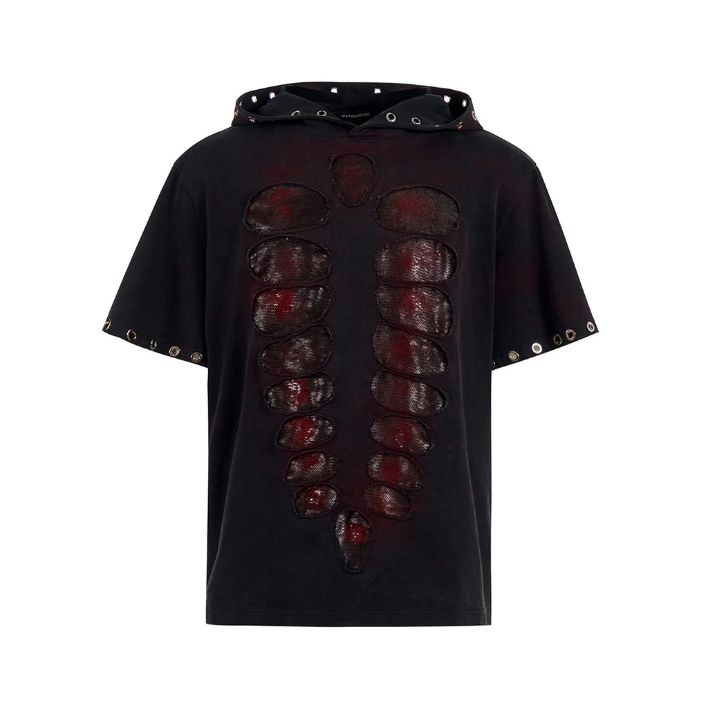 Black men's hooded short-sleeved t-shirt with sequin detailing and loose fit