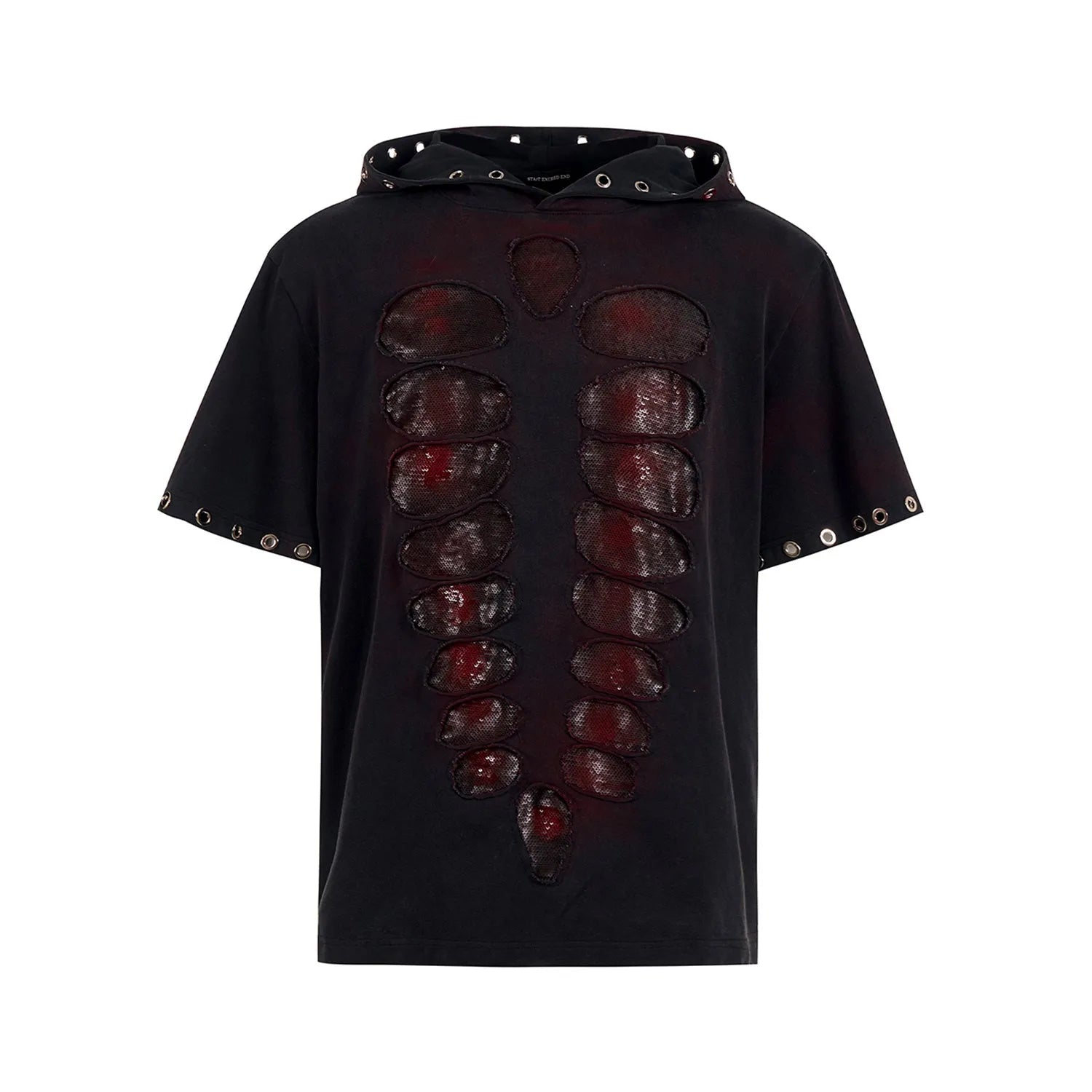 Black men's hooded short-sleeved t-shirt with sequin detailing and loose fit