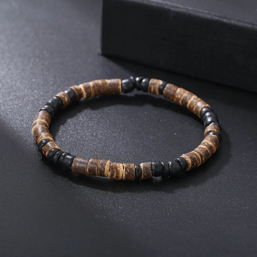 Hand-woven unisex wood bracelet with turquoise accents and totem pattern